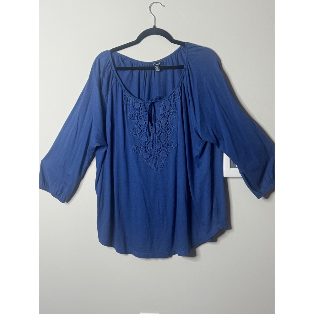 Chaps Denim Womens 2X Blue 3/4 Sleeve Peasant Top Crochet Detail Blouse